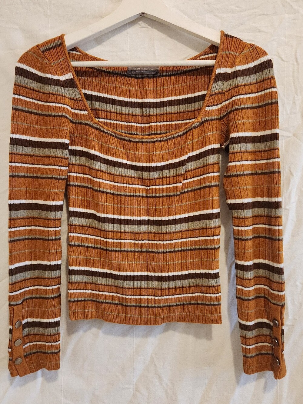Urban Outfitters Striped Ribbed Long-Sleeve Top - Rust, Brown, White